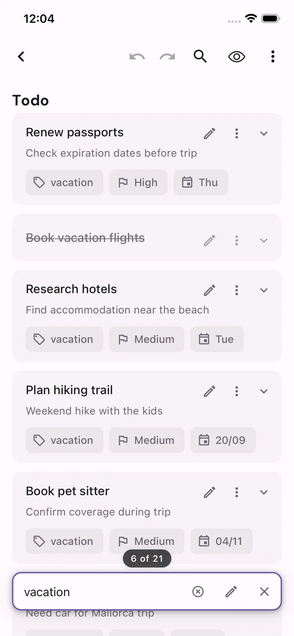 A todo list filtered for Vacation, with the fast-add composer docked and a completed task visible