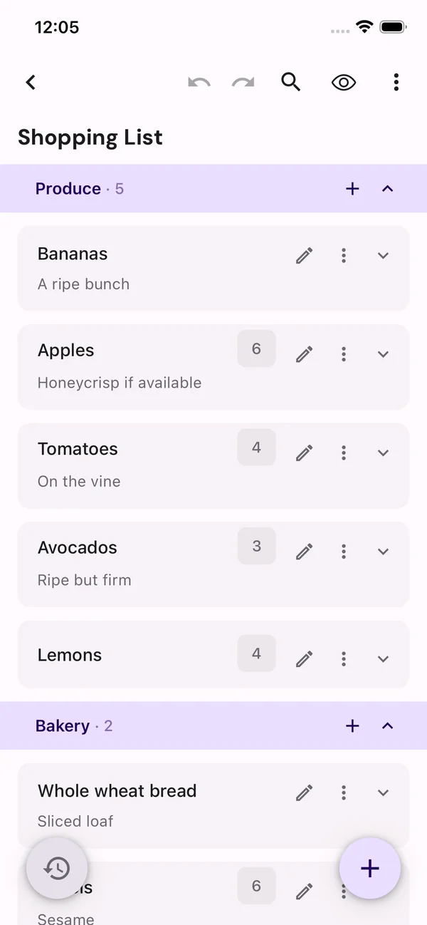 A shopping list grouped by aisle, with quantities