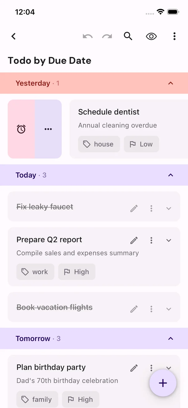 A todo list grouped by due date, with overdue items highlighted